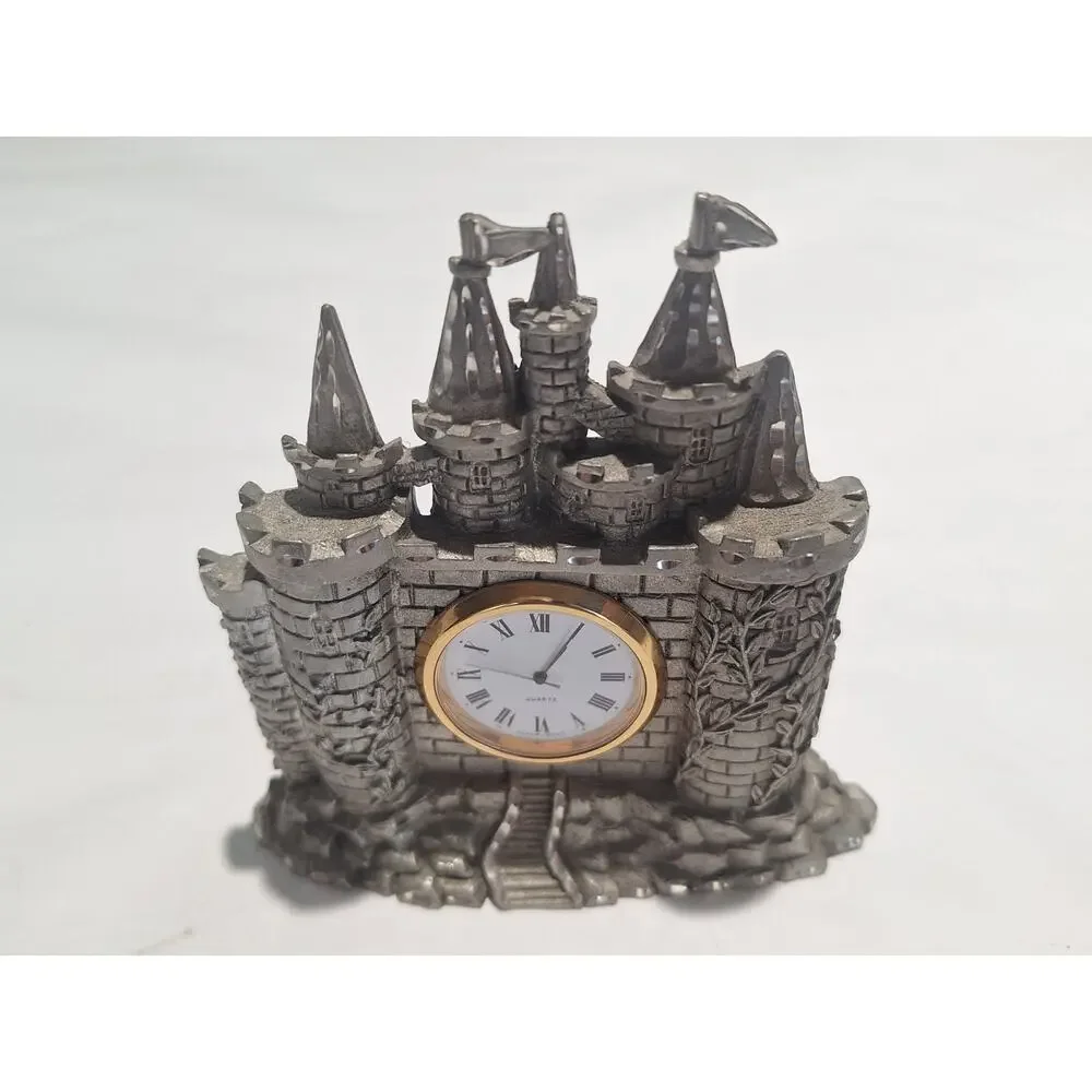 1987 Spoontiques 7514 Pewter Castle Quartz Desk Shelf Clock Japan Movt Works